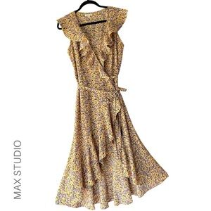 MAX STUDIO NWOT RUFFLE FLORAL WRAP DRESS MIDI HIGH LOW HEM BOHO YELLOW | SMALL